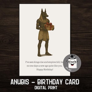Carte d'anniversaire Anubis - téléchargement numérique inspiré de la mythologie - voeux d'anniversaire imprimable du dieu égyptien - PNG