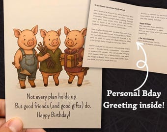 Three Little Pigs Birthday Greeting Card – Handmade Illustrated Friendship Card with Fun Story Inside