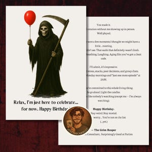Sensenmann Geburtstagskarte mit Text - Lustiger Gothic digitaler Download (PNG + PDF) | Grim Dark Humor Geburtstag Printable