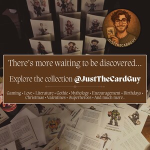 May include: An advertisement for JustTheCardGuy featuring a variety of greeting cards with illustrations. The text reads "There's more waiting to be discovered... Explore the collection @JustTheCardGuy." Themes include gaming, love, and birthdays.