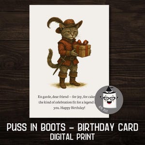 Cartão de aniversário do Gato de Botas – Download digital de aventura de conto de fadas – Celebração de capa e espada para impressão – Cartão de aniversário exclusivo PNG