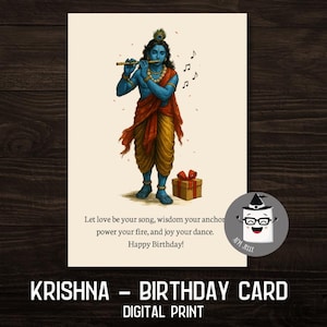 Cartão de aniversário de Krishna – Download digital da mitologia hindu – Saudação de aniversário espiritual para impressão – Cartão de aniversário exclusivo PNG