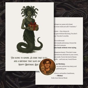 Medusa-verjaardagskaart – groet digitale mythologiekoningin – met tekst – afdrukbaar png- en pdf-bestand