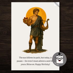 Cartão de aniversário Apollo – Deus Sol grego para download digital – Saudação para impressão inspirada na mitologia – Cartão de aniversário exclusivo PNG