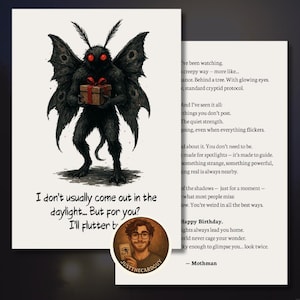 Cartão de aniversário do Mothman – Download digital da celebração Cryptid – Criatura misteriosa para impressão – Cartão de aniversário exclusivo PNG