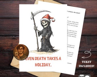 Julkort med Liemannen — Digital hälsning med mörk humor och gotiskt motiv, 5×7 i utskrivbart PNG PDF-set (skelettjulkort)