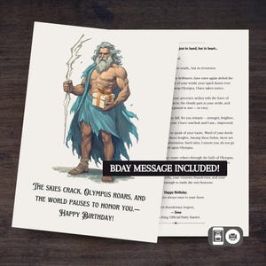 Zeus Birthday Card – Digital Greek God Greeting – With Text – Printable Mythology Card PNG + PDF