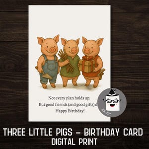 Drei kleine Schweinchen Geburtstagskarte - Märchenhafte Freundschaft Digitaler Download - Einzigartige Geburtstagskarte PNG