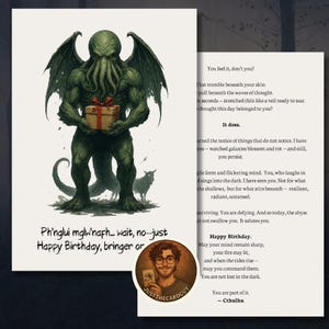Karta urodzinowa Cthulhu – cyfrowe pozdrowienia z gotyckim horrorem Lovecrafta – z tekstem – PNG + PDF – karta z mitologią Dark Cosmic