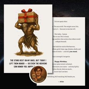 Atlas Birthday Card – Greek Titan Digital Greeting – With Text – Printable Mythology Card PNG + PDF
