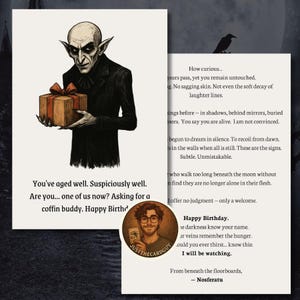 Nosferatu-verjaardagskaart – gotische vampierhumor – met tekst – afdrukbare horrorkaart, png + pdf