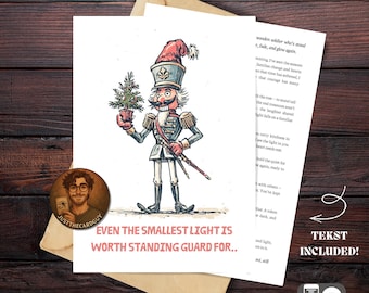 Biglietto di auguri natalizio Schiaccianoci - Biglietto digitale vintage per le vacanze, messaggio natalizio poetico, illustrazione festiva stampabile