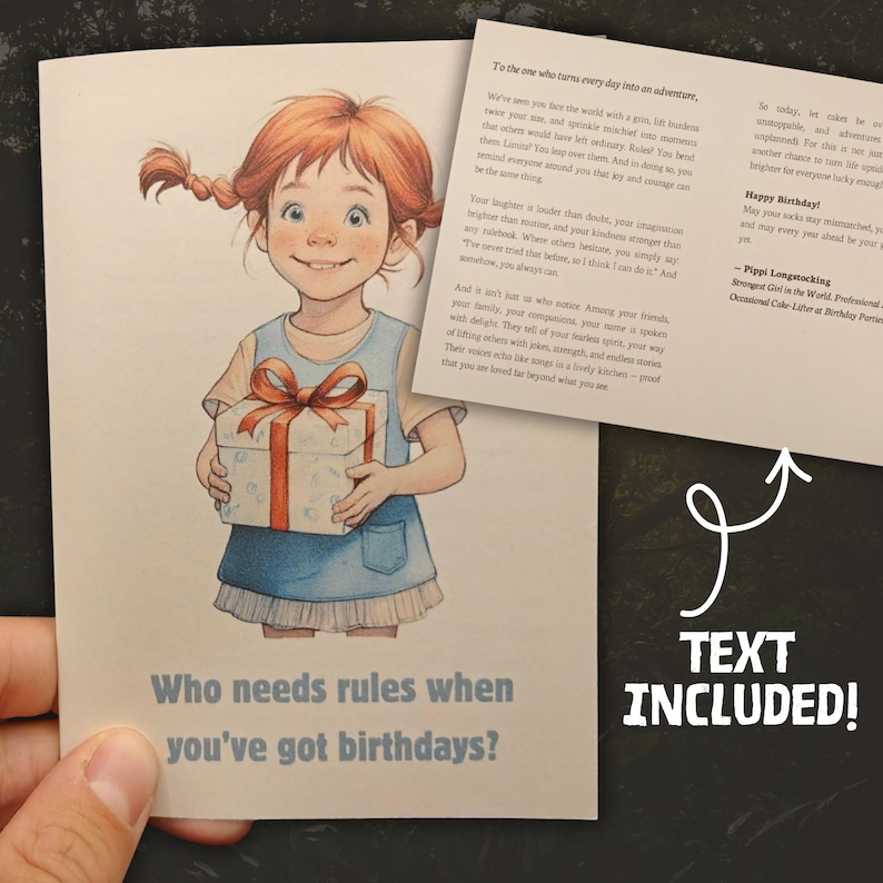 Whimsical Pippi Longstocking–inspired birthday card featuring a red-haired girl holding a gift, with playful text and a heartfelt inner message, printed on premium off-white cardstock.