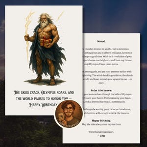 Carte d'anniversaire Zeus - salutation numérique du dieu grec - avec texte - carte mythologique imprimable PNG + PDF