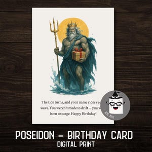 Cartão de aniversário de Poseidon – Download digital da mitologia grega – Saudação para impressão do Deus do Mar – Cartão de aniversário exclusivo PNG