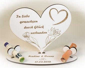 Herz-Aufsteller für Hochzeit - Personalisiert mit Namen und Datum, Perfektes Geldgeschenk, 12x13 cm, Liebe & Ehe