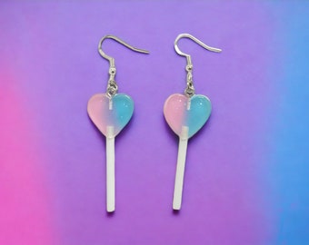 Heart lollipop earrings. Pink and blue earrings. 925 Silver hooks. Trendy earrings. Dangle lollipop earrings. Hypoallergenic earrings.