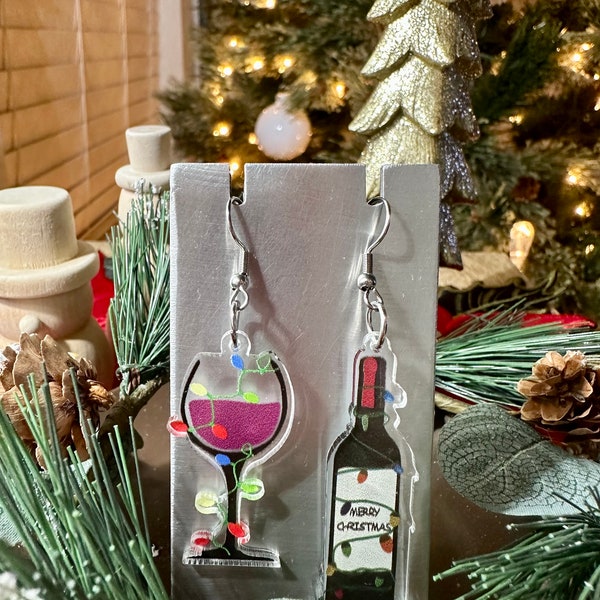 Christmas earrings. Dangle earrings. Statement piece. Stocking stuffer. Christmas gift. Wine glass. Wine bottle.