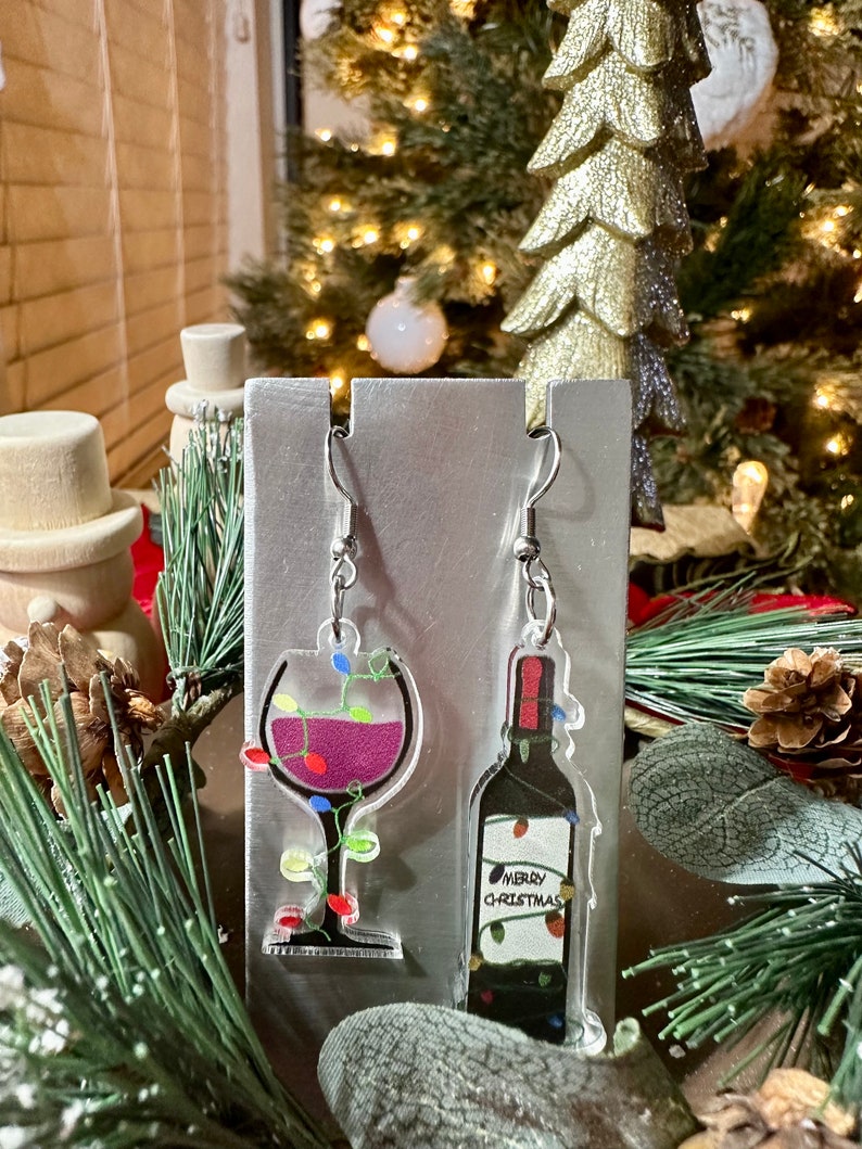 Christmas earrings. Dangle earrings. Statement piece. Stocking stuffer. Christmas gift. Wine glass. Wine bottle. image 1