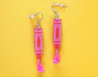 Pink Crayon earrings. Pink earrings. 925 Silver hooks. Artistic earrings. Dangle earrings. Hypoallergenic earrings. Teacher earrings.