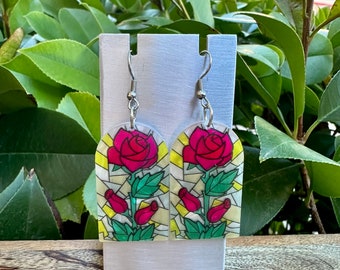 Faux stained glass rose earrings. Rose dangle earrings. Statement piece. Stocking stuffer. Christmas gift. Earrings for any occasion.