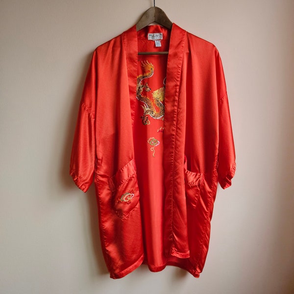 Vintage Red Chinese Robe with Embroidered Dragon