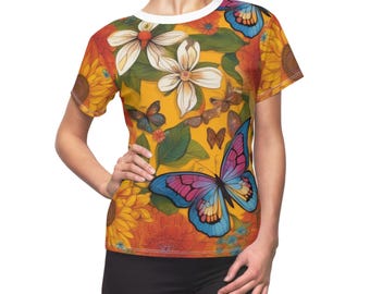 Floral Butterflies Tee | All-Over Print Women's Cut & Sew Tee - LAMORUX