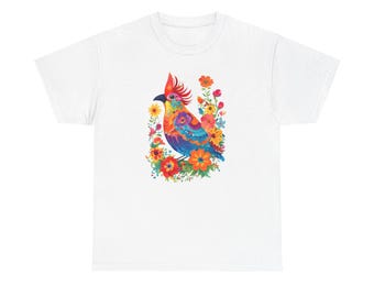 Kleurrijk T-shirt met folkloristische vogel | Bloemen- en paisley-illustratie - LAMORUX