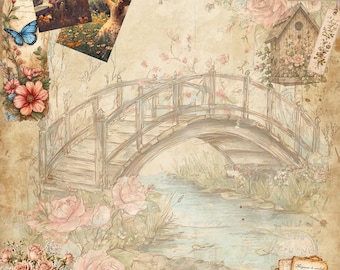 Vintage Digital Paper Floral Bridge Background Shabby Chic Scrapbook