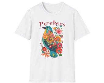 T-shirt met bloemen- en duivenillustratie | Kleurrijk T-shirt met vogelmotief - LAMORUX
