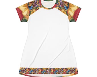 Colorful Butterflies Floral Print T-Shirt Dress | All-Over Print -LAMORUX