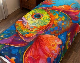 Colorful Goldfish Illustration Velveteen Plush Blanket | Vibrant Underwater Fish Design