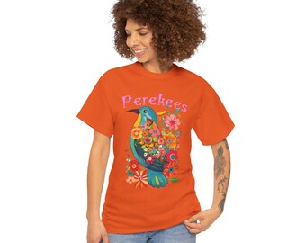 T-shirt met bloemen- en vogelillustratie | Kleurrijk shirt met bloemmus - LAMORUX