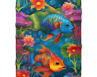 Colorful Tropical Fish Sherpa Blanket | Vibrant Koi Floral Underwater Design