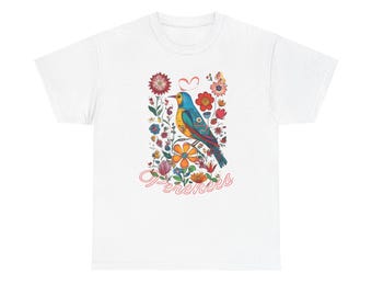 Kleurrijk T-shirt met vogelmotief in volkskunststijl | Bloemenillustratie, vintage stijl - LAMORUX