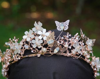 Rose Gold Floral Butterfly Tiara Crystal Bridal Crown Birthday Wedding Gift Diadem holographic gems prom metal