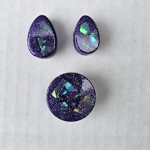 One Pair Purple Galaxy Ear Gauges Plugs metallic shiny holographic flake green chunky glitter unique ooak