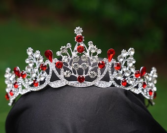 True Red Crystal Tiara Silver Bridal Crown Birthday Wedding Gift Diadem prom metal