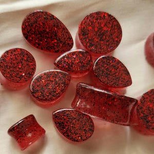 One Pair Cherry Coke Ear Gauges Plugs Red jelly clear glass glitter shiny black unique ooak Dr pepper