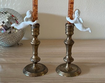 Vintage Kitschy Cherub Brass Candlesticks and Holders Pair 1970s Funky