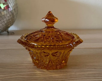 Vintage Anchor Hocking Star of David Amber Lidded Sugar Bowl Trinket Dish