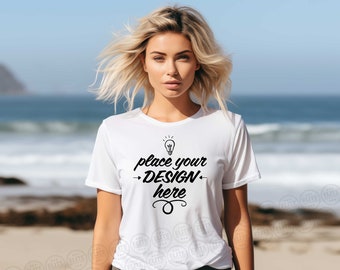 Maqueta de camiseta blanca Bella & Canvas 3001, estilo surfista playero (descarga digital)