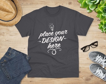 Dark Heather Gildan 5000 T-Shirt Mockup, Flat Lay (Digital Download)