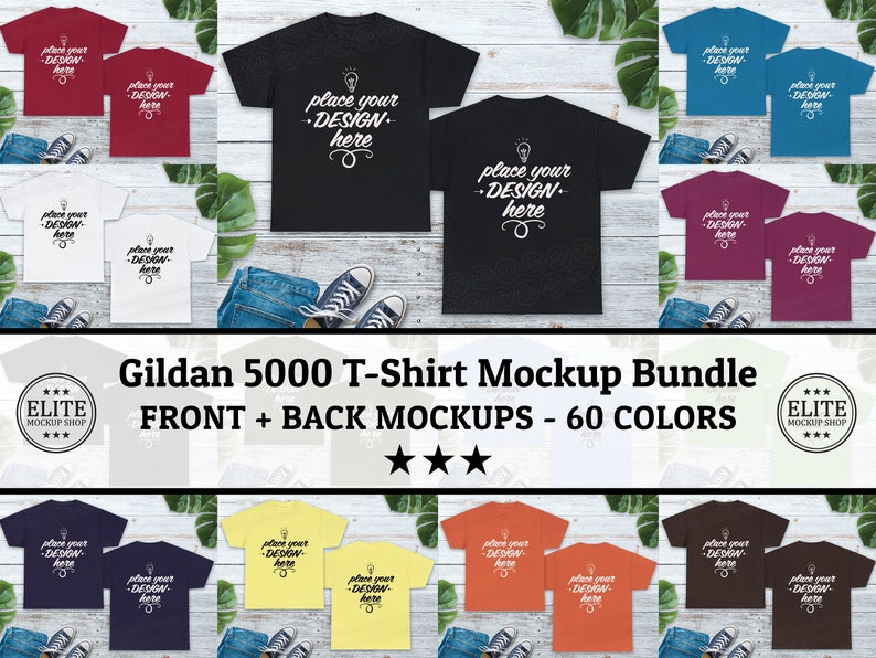 Gildan 5000 Tshirt Bundle Mockup, 60 Colors, Unisex Tshirt Bundles