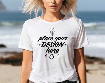Maqueta de camiseta blanca Bella Canvas 3001, escena de playa (descarga digital)