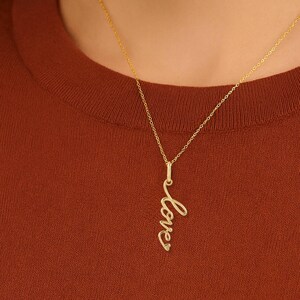 Sterling Silver Love Script Necklace, Dainty Minimalist Pendant, Gold Plated