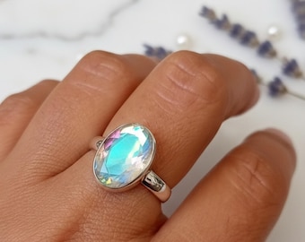Handmade Oval Angel Aura Quartz Ring, Sterling Silver Jewelry