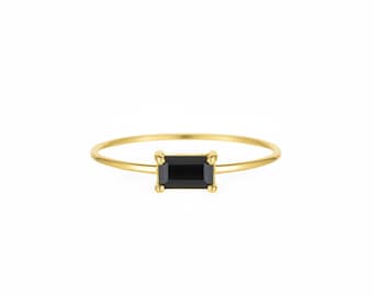 Dainty Black Onyx Baguette Ring, Gold Filled Stacking Ring