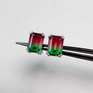 Watermelon Tourmaline Doublet Emerald Cut Stud Earrings | Sterling Silver Gemstone Jewelry