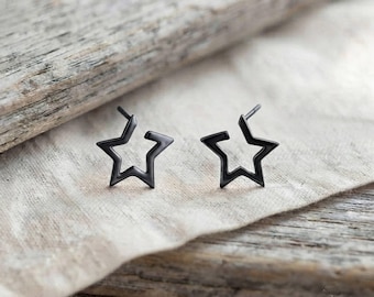 Pendientes de estrella abiertos, plata de ley, oro, rodio negro, joyería celestial